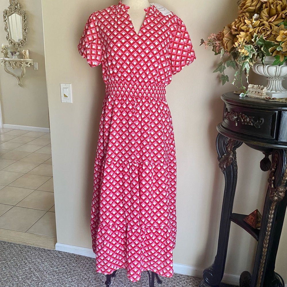 Pink Geometric Maxi Dress with Smocked Waist